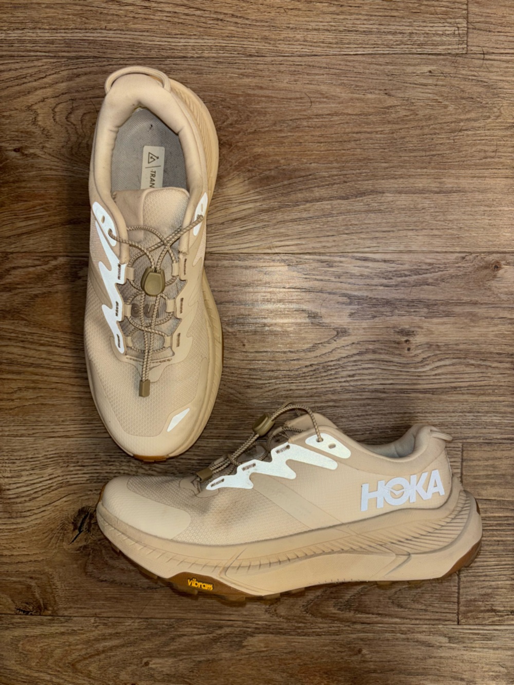 Hoka Beige and White Trail Running Sneakers